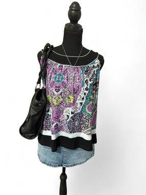 AB Studio Sleeveless Paisley Print Tank Top in Purple & Black, Size XL